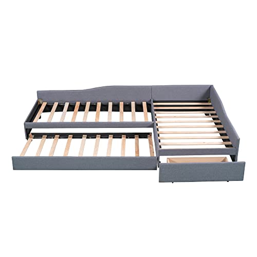 Gray Upholstered Twin Size Daybed with Trundle and Drawer N9407
