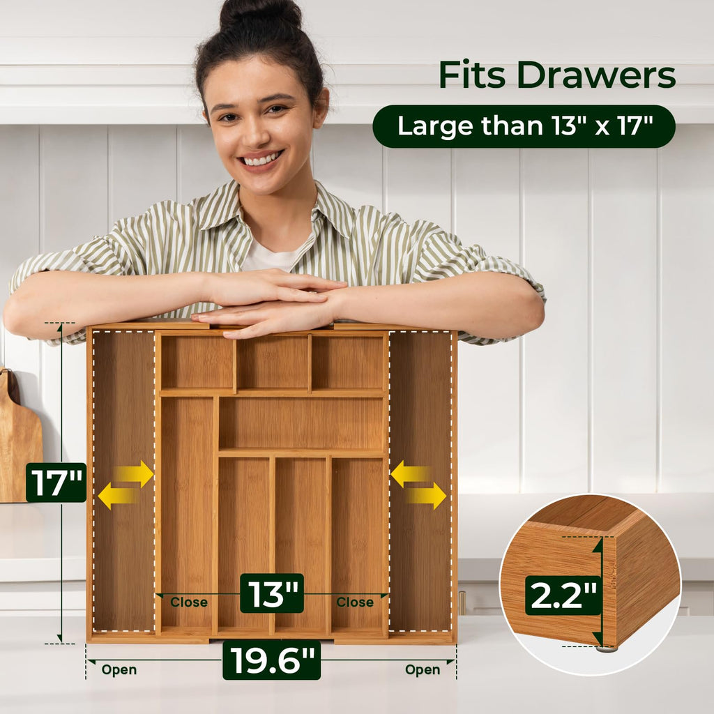 Bamboo Drawer Organizer, 10 Compartment Cutlery Tray, 2.2 Inch Deep V2791