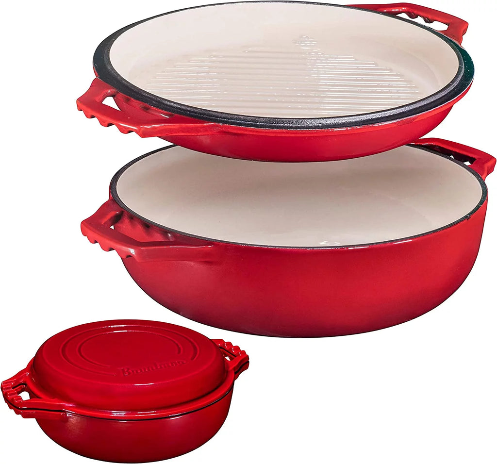 2-In-1 Enameled Cast Iron Cocotte Double Braiser Pan With Grill Lid E854816