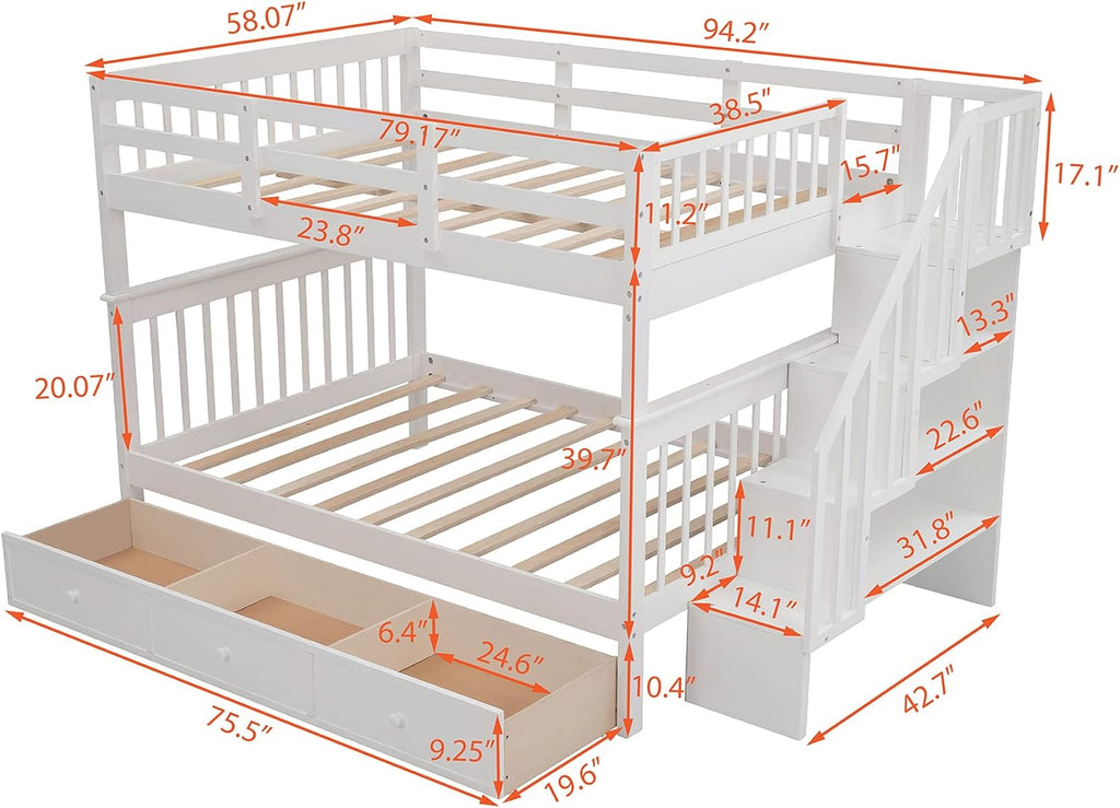 White Full Over Full Wooden Bunk Bed with Stairs and Storage Drawers L13742