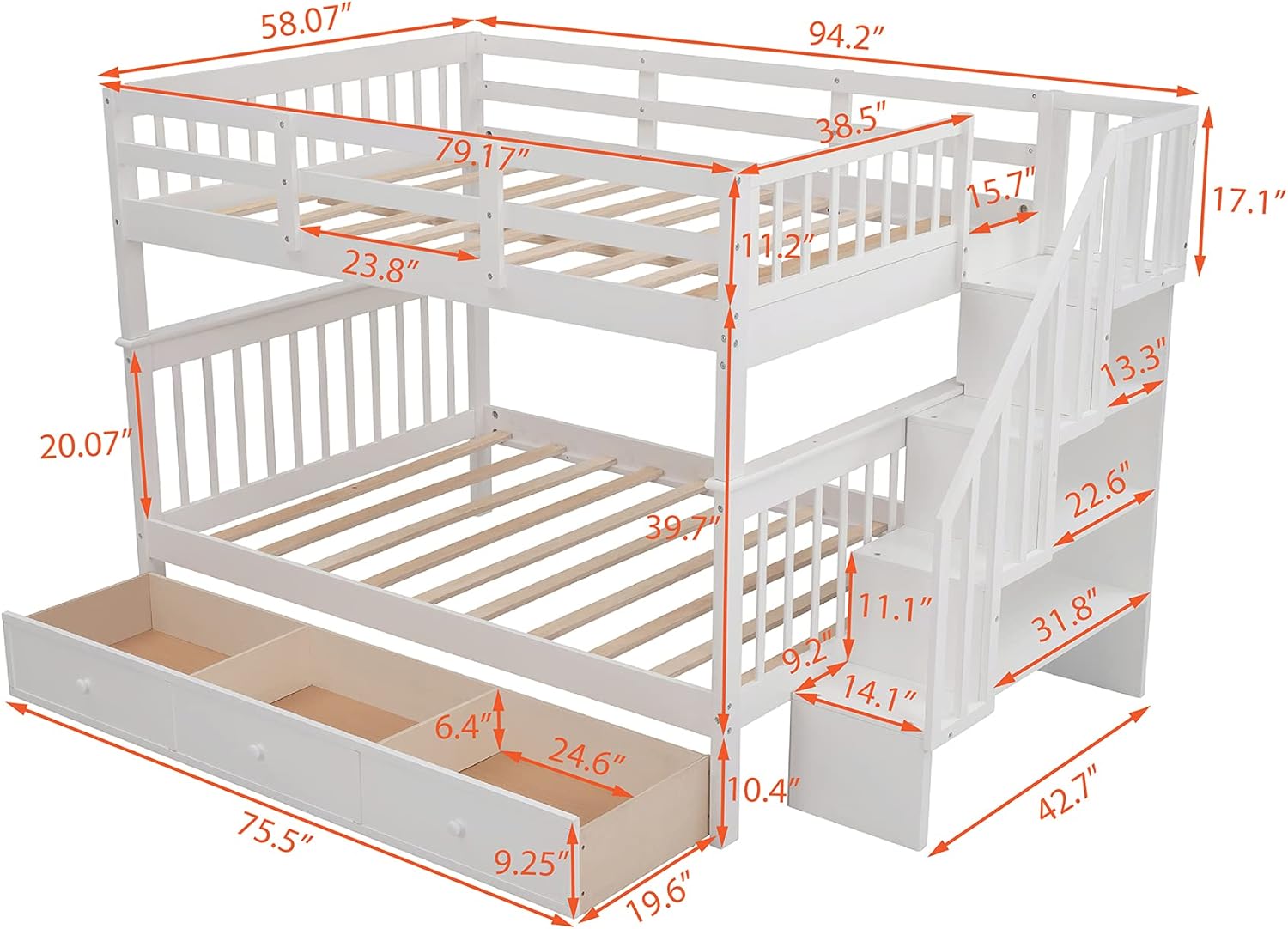 White Full Over Full Wooden Bunk Bed with Stairs and Storage Drawers L13742