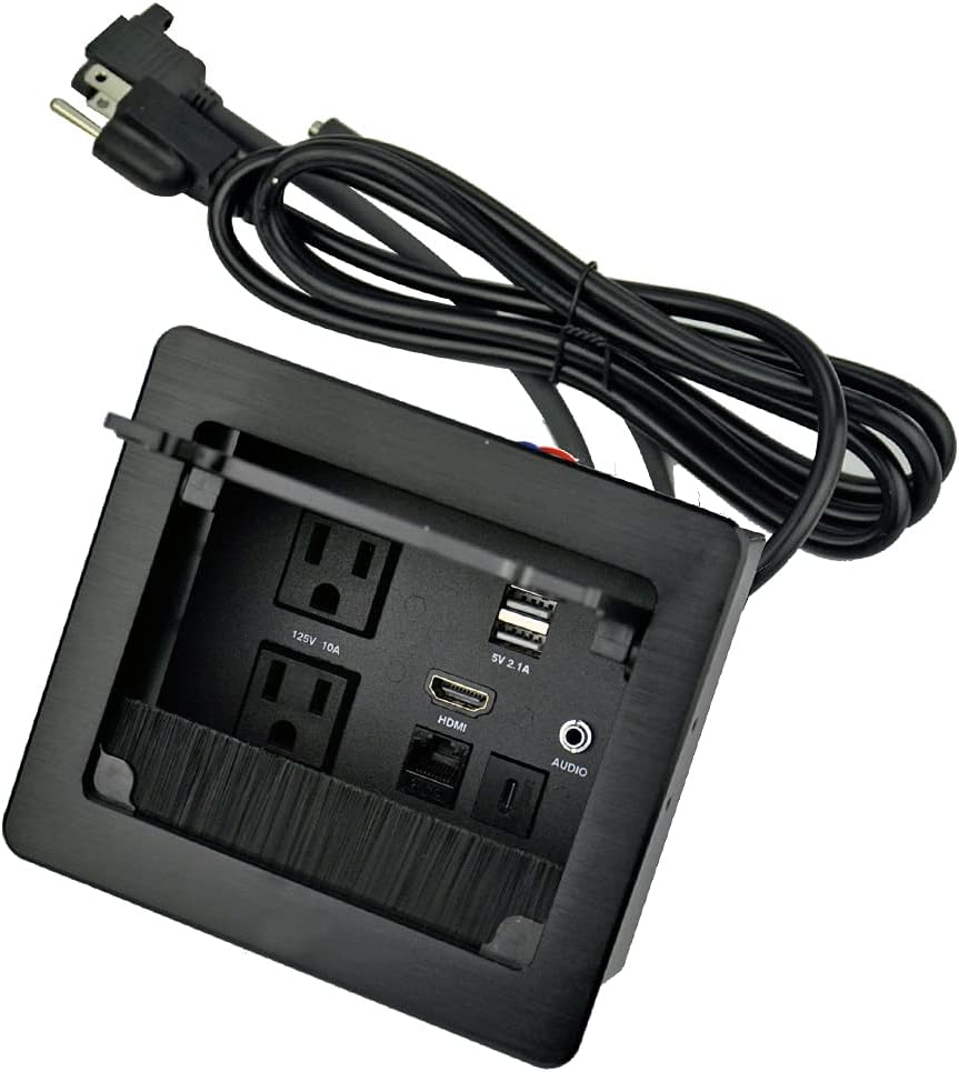 Black Tabletop Connectivity Box with 2 AC Power + 2 USB Charger + HDMI + 3.5mm Audio + USB-C Data + RJ45 Pack of 2 Z207824