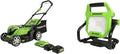 24V Cordless Push Lawn Mower and LED Work Light Combo Kit with 2x4Ah USB Batteries and Charger Y315598