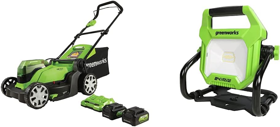 24V Cordless Push Lawn Mower and LED Work Light Combo Kit with 2x4Ah USB Batteries and Charger Y315598