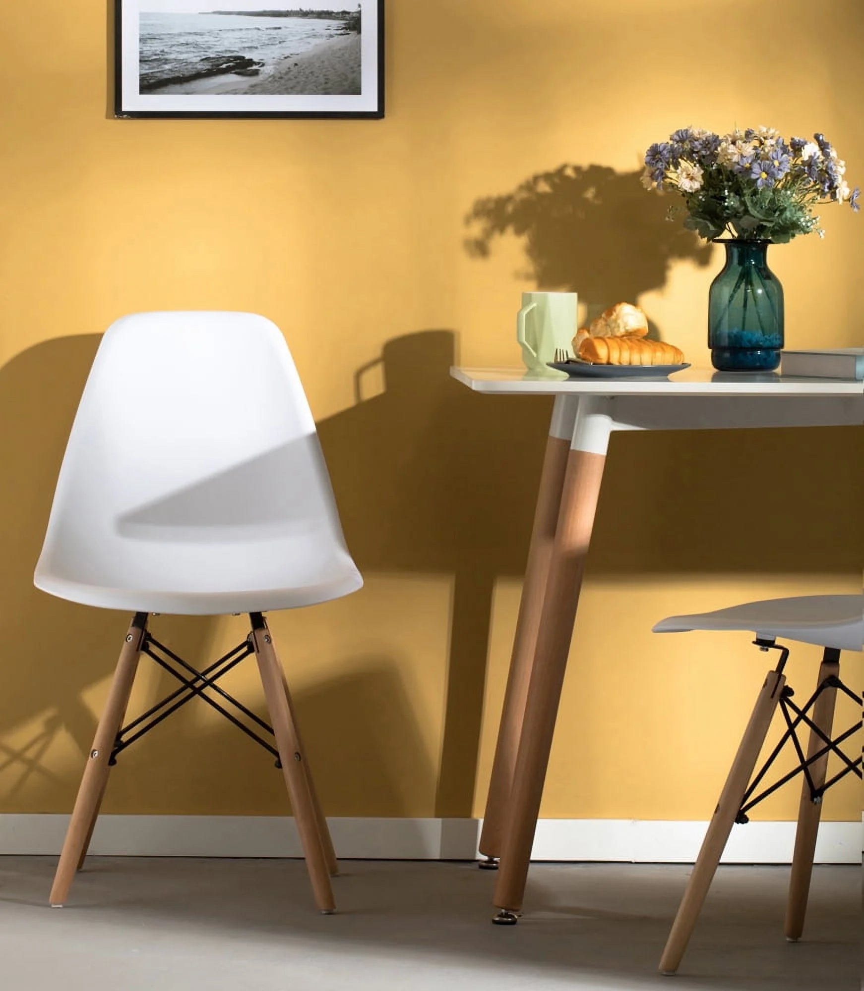 White Plastic Dining Chair with Solid Beech Wood Legs B922
