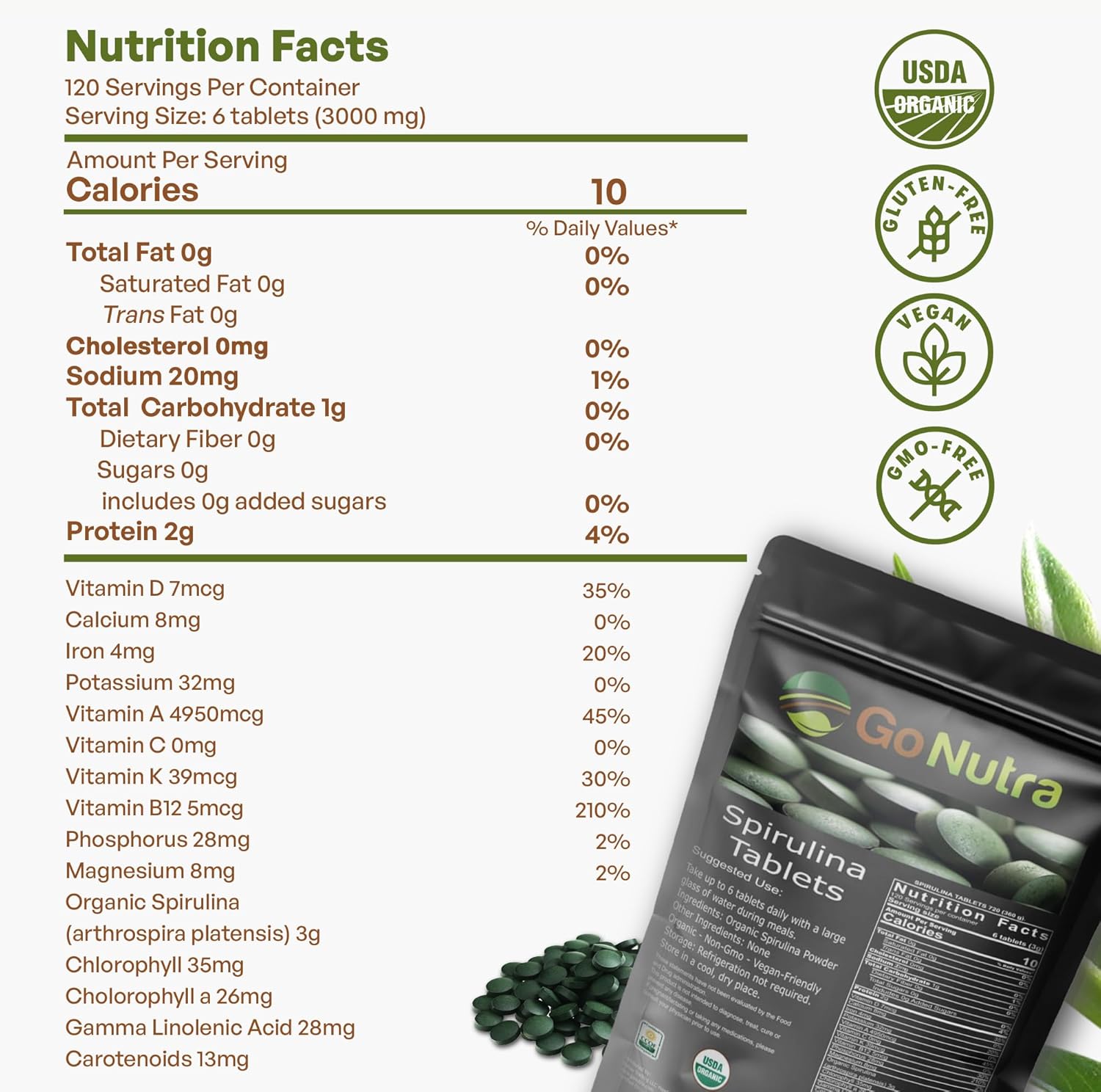 500 mg Organic Spirulina Tablets, 720 Tablets I814480