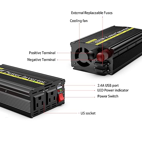 800 Watt DC 12v to 110v AC Car Power Inverter with 2 AC Outlets and 2.4A USB Ports X97852