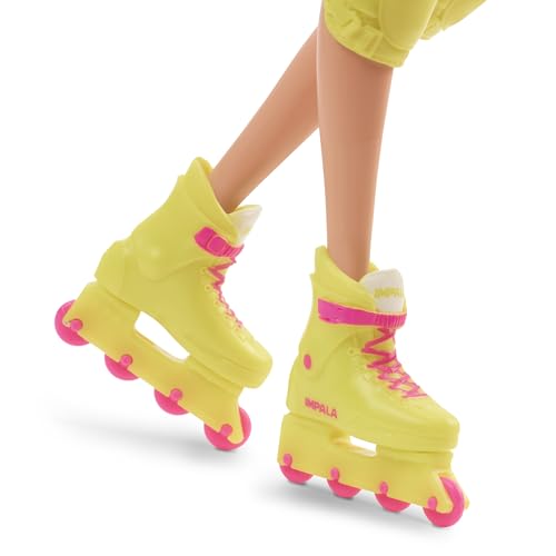 Skating Doll with Neon Outfit, Retro Gymnastics Suit, Pink Biker Shorts, Sun Shield, Neon Green Hoop Earrings, Skating Equipment, Impala Inline Skates E223