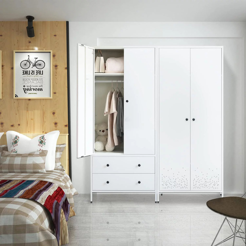 Metal Storage Wardrobe with Hanging Rod, 2 Doors and 2 Drawers, Steel Wardrobe Closet, 74" H x 31.5" W x 20" D (White) L5753