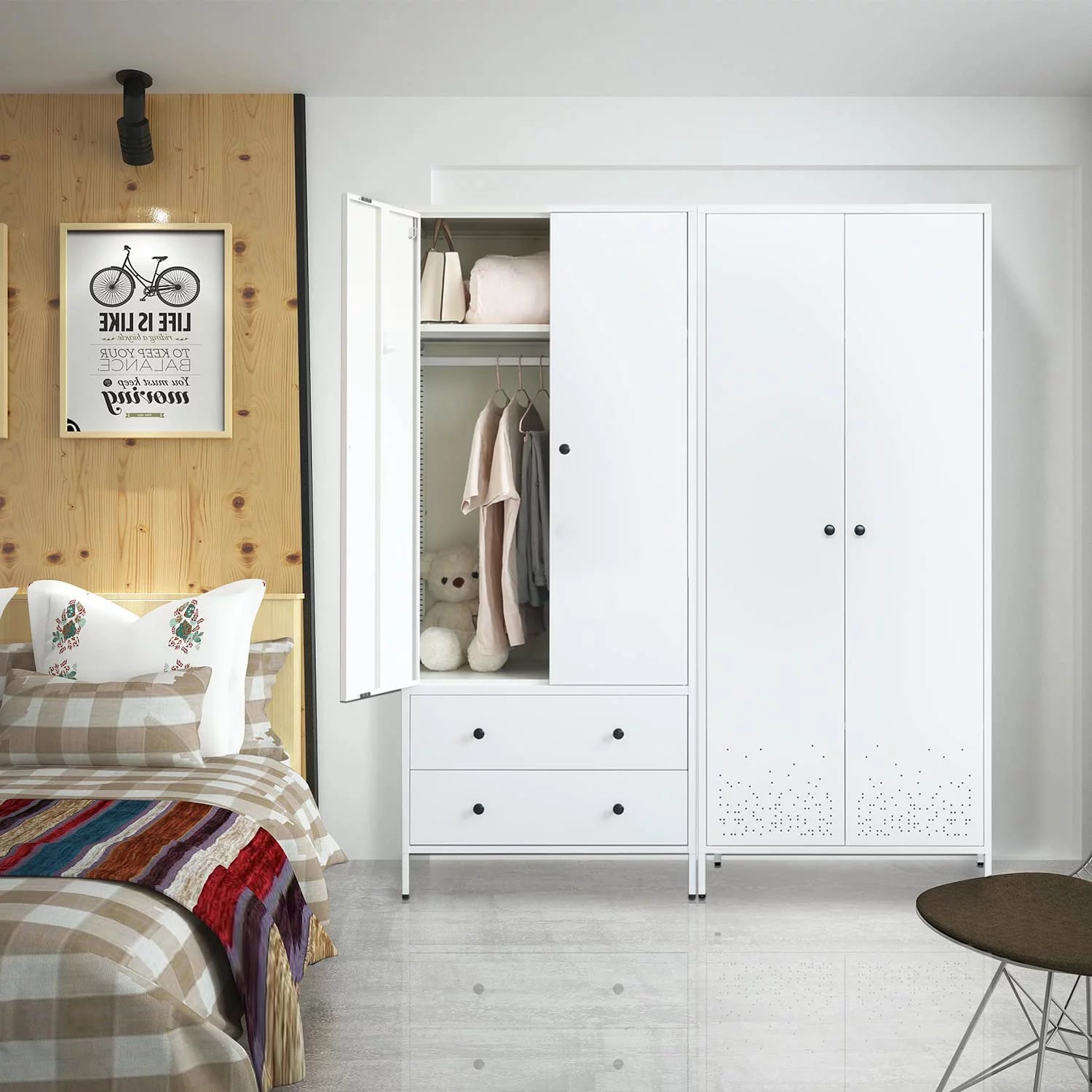 Metal Storage Wardrobe with Hanging Rod, 2 Doors and 2 Drawers, Steel Wardrobe Closet, 74" H x 31.5" W x 20" D (White) L5753