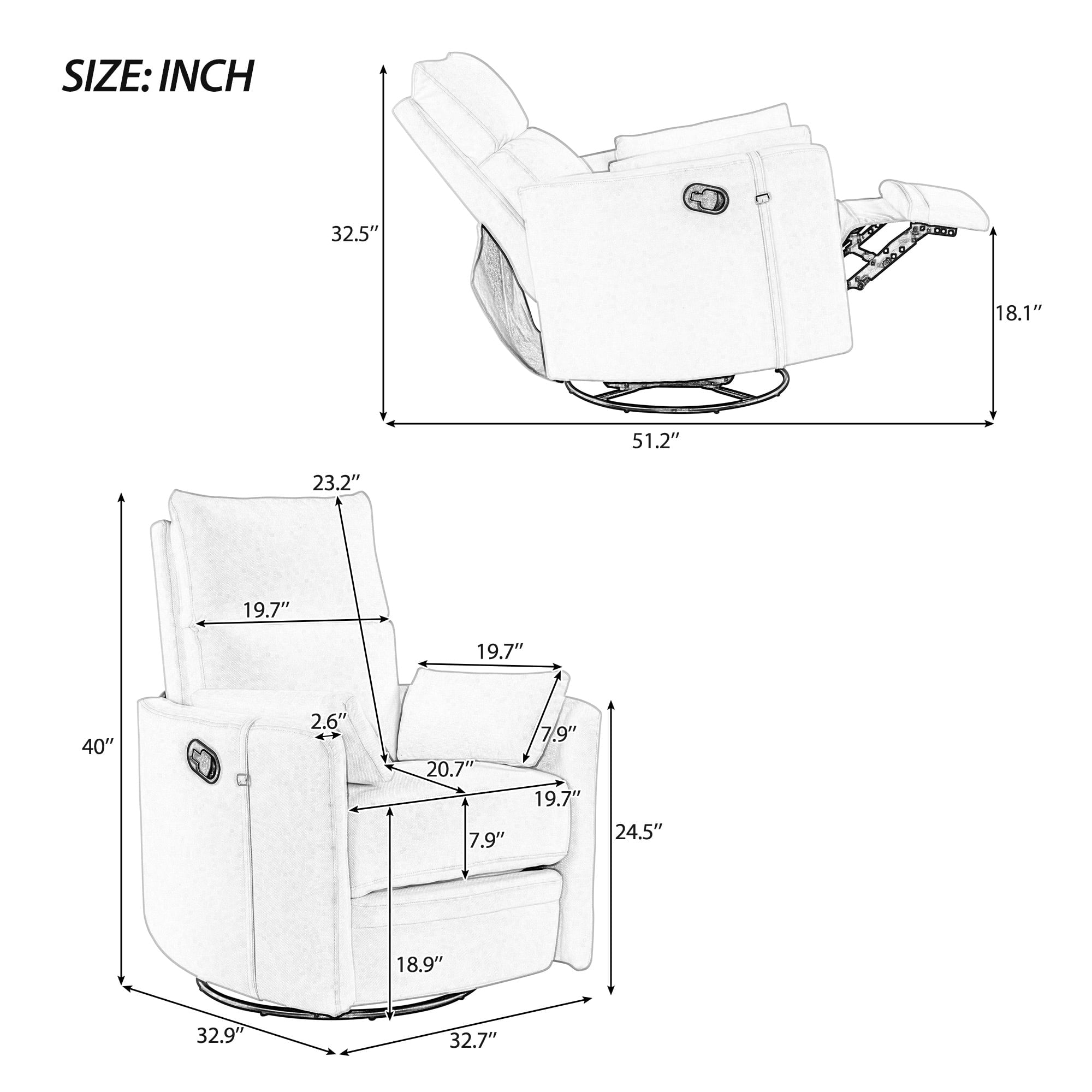 Beige Manual Swivel Glider Recliner Chair with Two Removable Pillows L58108