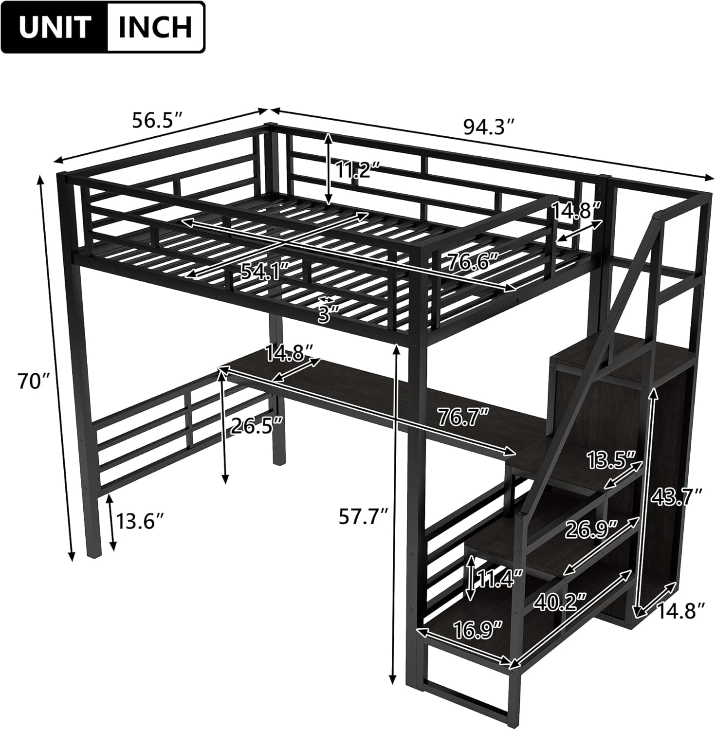 Black Full Size Metal Loft Bed with Desk and Wardrobe P72499