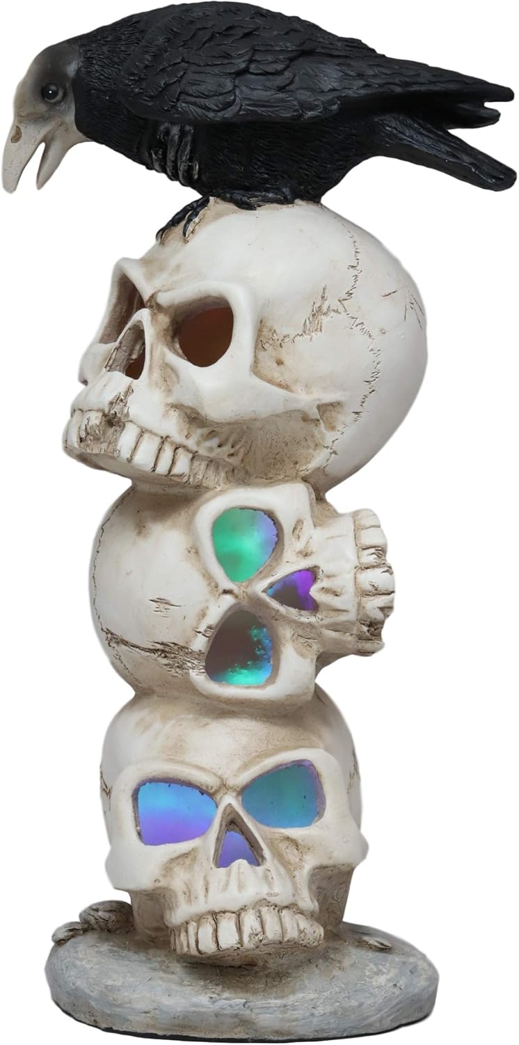 Gothic Raven Crow Bird Perching On Pole Totem Stacked Skulls with Color Changing LED Night Light Statue 11.75" Tall Skull Macabre Ossuary Figurine W60155