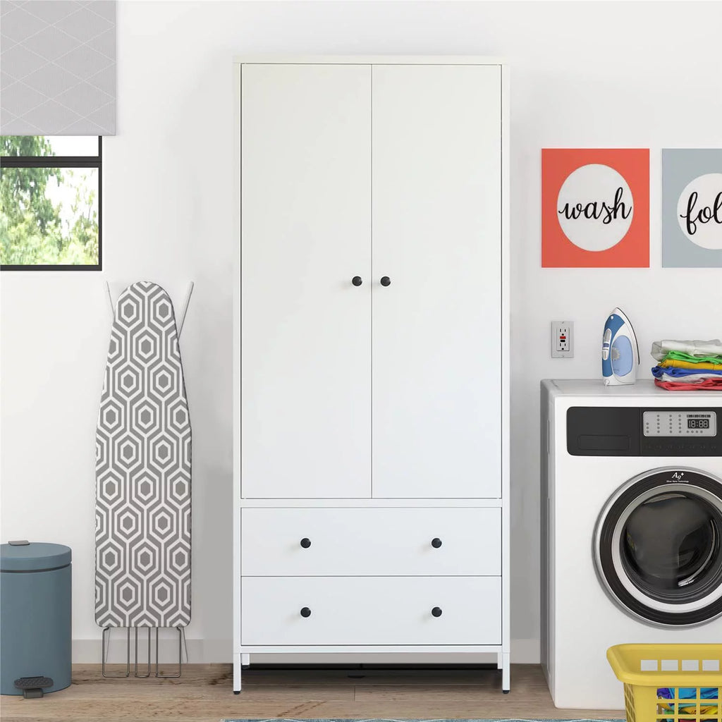 Metal Storage Wardrobe with Hanging Rod, 2 Doors and 2 Drawers, Steel Wardrobe Closet, 74" H x 31.5" W x 20" D (White) L5753