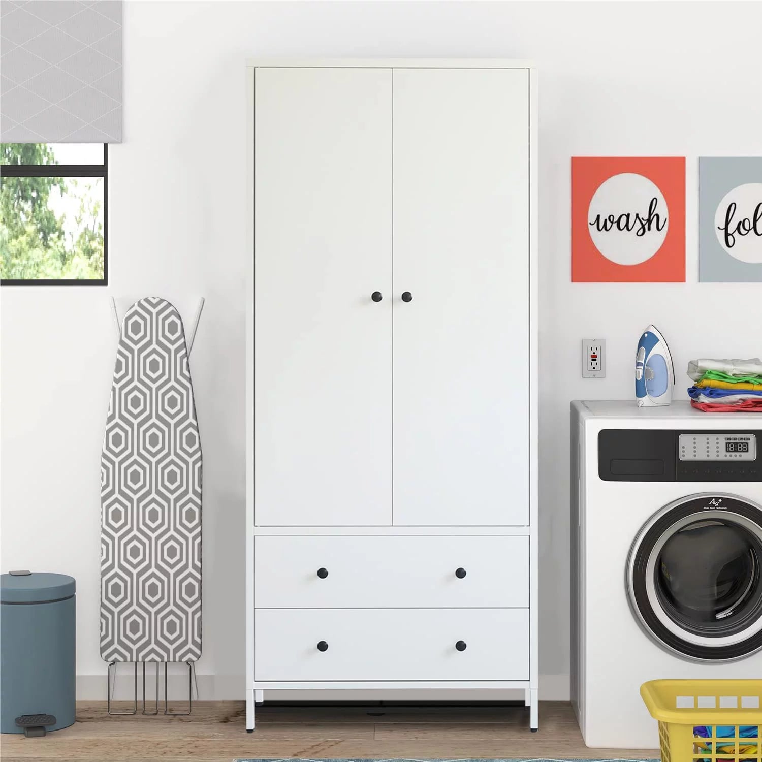Metal Storage Wardrobe with Hanging Rod, 2 Doors and 2 Drawers, Steel Wardrobe Closet, 74" H x 31.5" W x 20" D (White) L5753