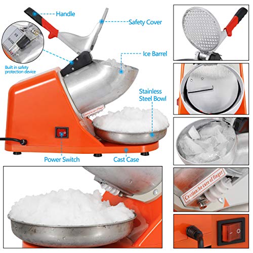 Orange Electric Ice Shaver Machine Ice Crusher, Stainless Steel Blade Snow Cone Maker, 143lbs/hr Shaved Ice Machine R999079