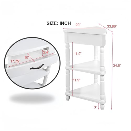 White 3-Tier Corner Shelf with Drawer and Solid Wood Legs G5323