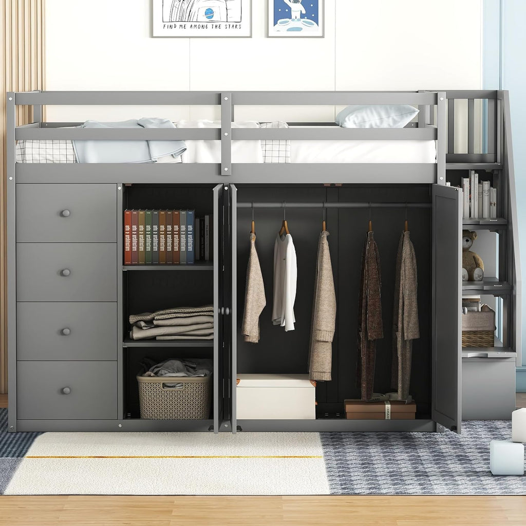Gray Wooden Loft Bed with Storage Space G307