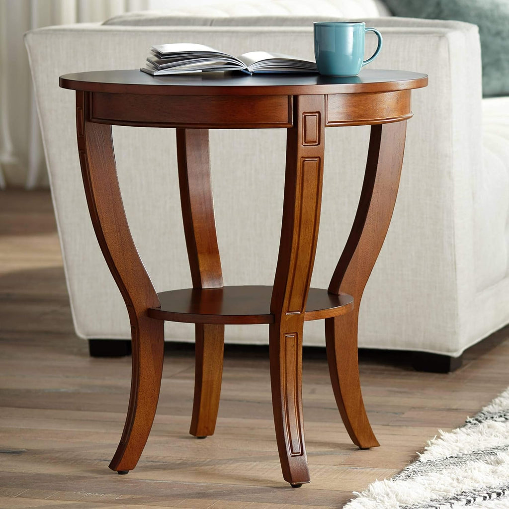 Rustic Cherry Wood Round Accent Side End Table 26" Wide Natural Grain Curving Legs A189118