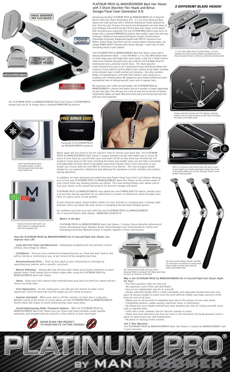 Back Shaver with 3 Flex Heads, Power Hinge, Extreme Reach Handle & Bonus Case, 4 Piece Set P71705