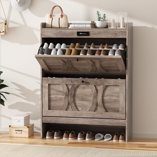 Rustic White Shoe Storage Cabinet with 2 Flip Drawers O92155