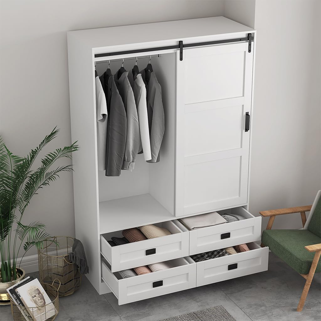 Solid Wood Armoire Wardrobe Closet with Sliding Barn Door, 4 Drawers, 3 Adjustable Shelves & Hanging Rod O972