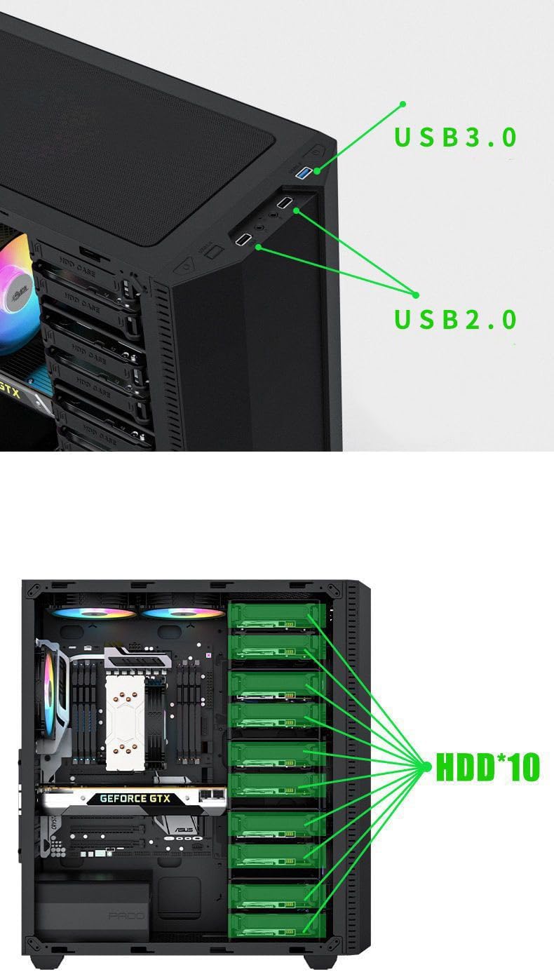 Black ATX Mid-Tower Server Case with 10 HDD Brackets and 120mm RGB Fans U1093