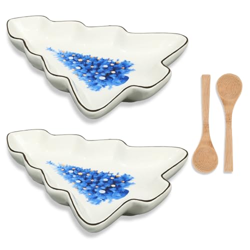 2 Pcs Christmas Dinner Platter Ceramic Serving Dishes with Wooden Spoon Serving Platters Bowl P7162