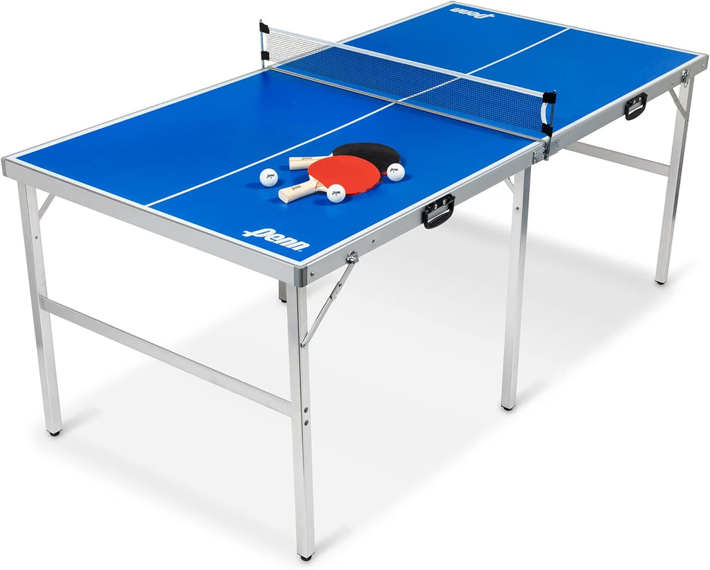 Fully Assembled 6 Foot x 3 Foot Portable Table Tennis Table with Net, 2 Ping Pong Paddles and 4 Balls M8487