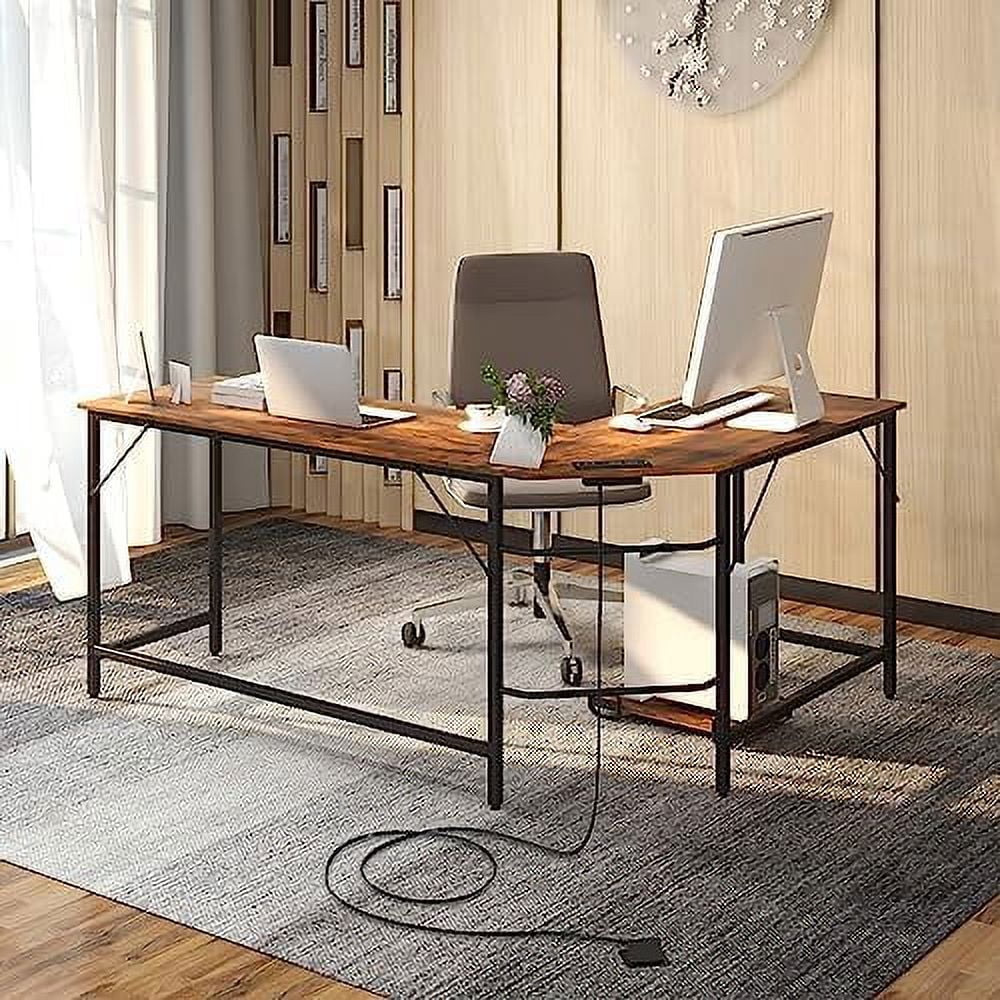 L-Shaped Desk with CPU Stand 66 Inch Wooden Metal Frame Black F7595