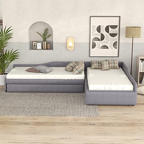 Gray Upholstered Twin Size Daybed with Trundle and Drawer N9407