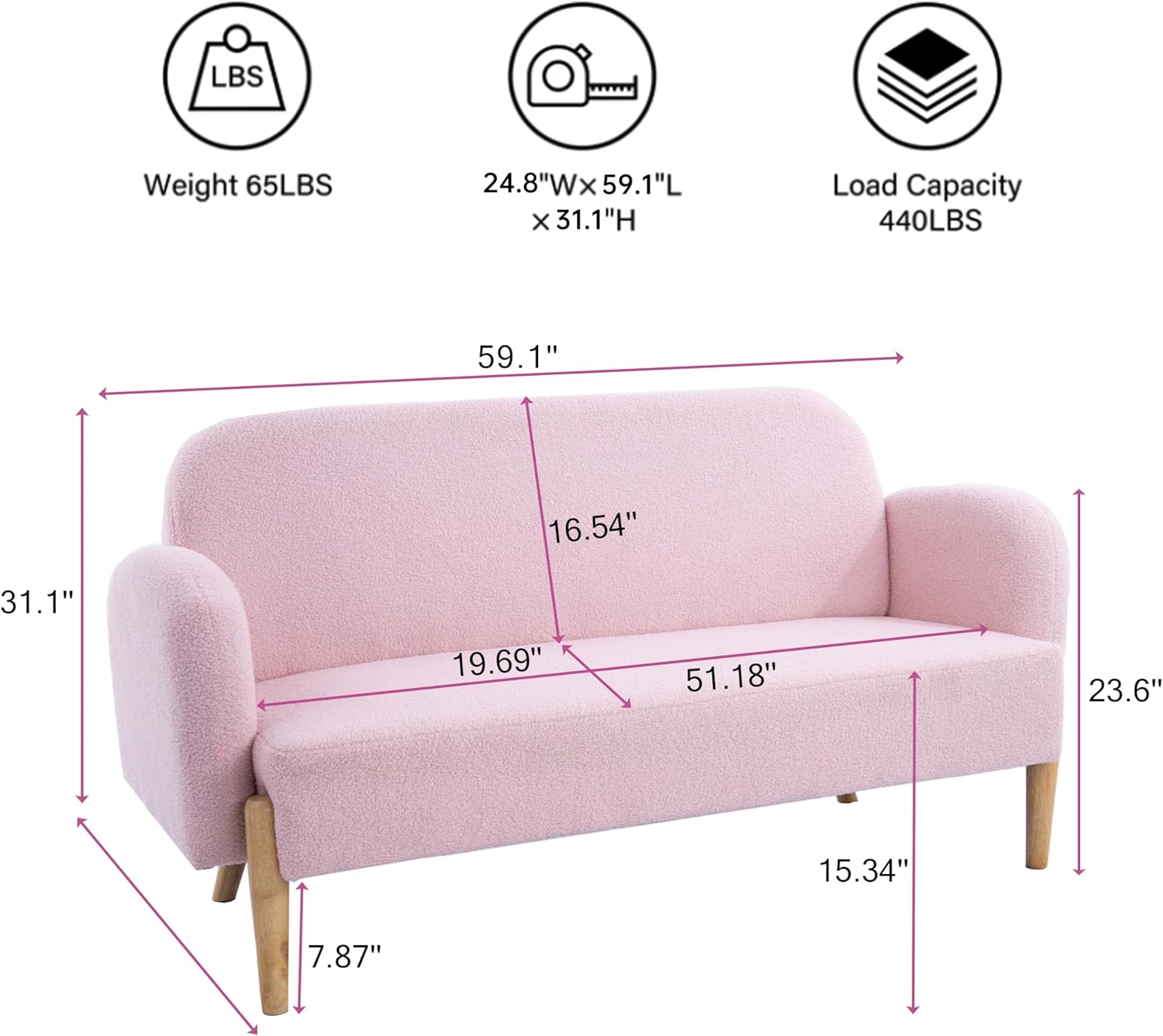 Pink Velvet Mini Couch with 3 Lumbar Pillows I979837
