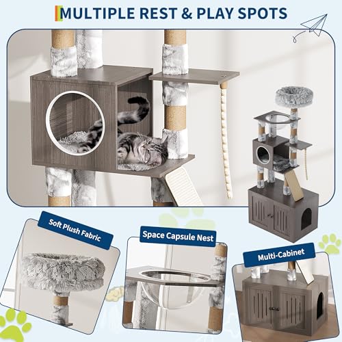 66.9-Inch Grey Cat Tree with Litter Box Enclosure O836