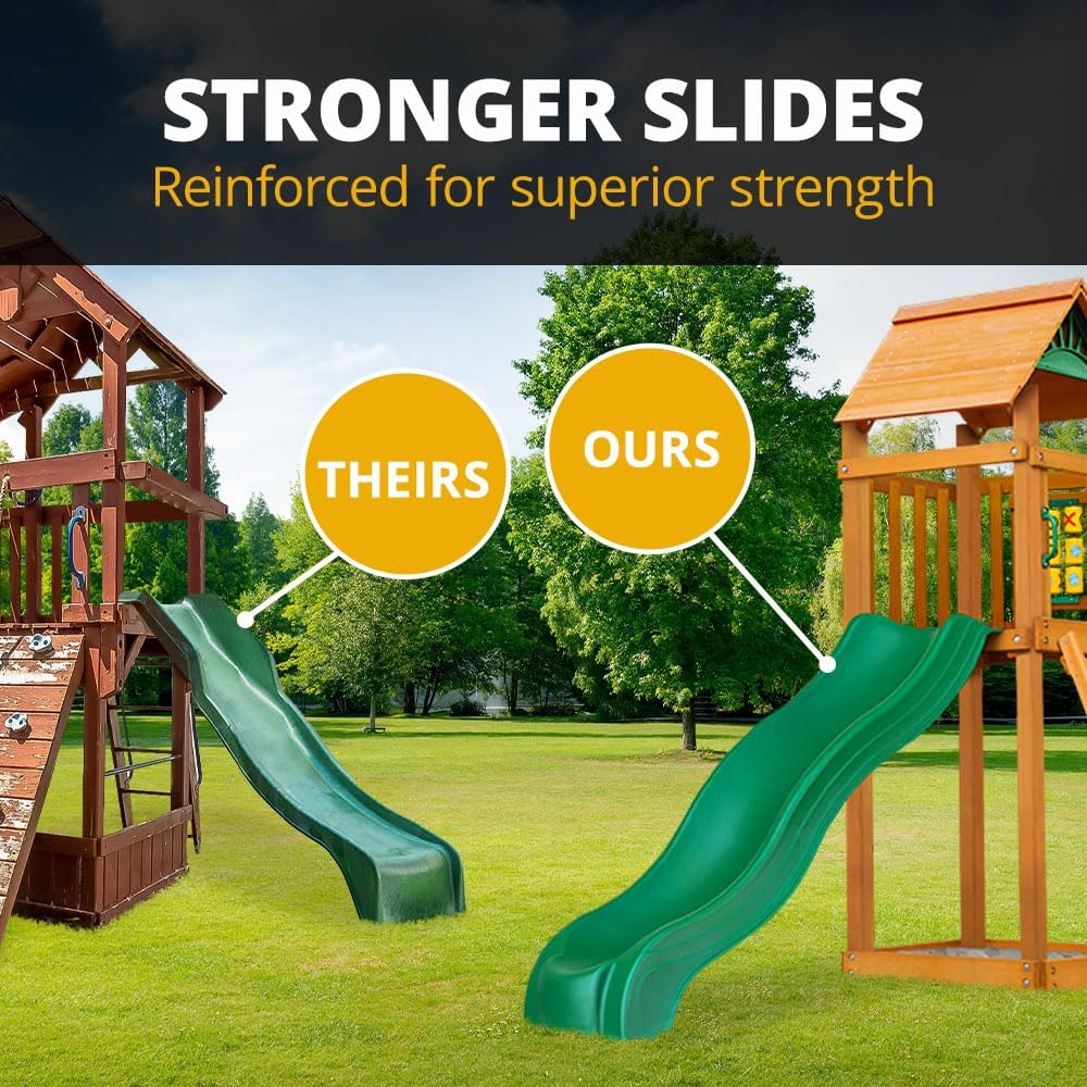 Oversized Green Vinyl Canopy Roof Wooden Swing Set with Climbing Wall, Ladder, Swings and Slide Z501661