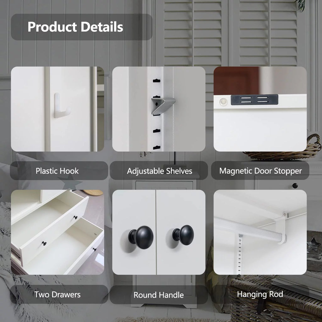 Metal Storage Wardrobe with Hanging Rod, 2 Doors and 2 Drawers, Steel Wardrobe Closet, 74" H x 31.5" W x 20" D (White) L5753
