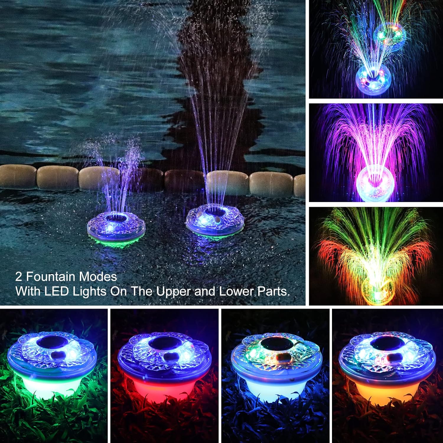 Floating Pool Fountain with Light Show, Rechargeable Battery, IP68 Waterproof, 2 Modes, 1pc F793562