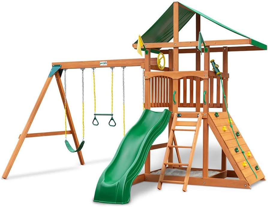 Oversized Green Vinyl Canopy Roof Wooden Swing Set with Climbing Wall, Ladder, Swings and Slide Z501661