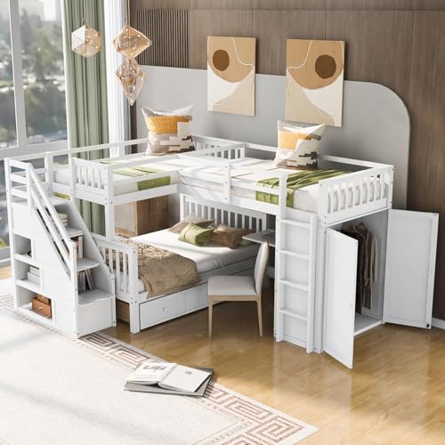 Twin-Twin Over Full Triple Bunk Bed with Storage Stairs, Wardrobe and Desk, Solid Wood L-Shaped 3 Bunk Bed with Ladder, Shelves, Headboard, Guardrail (Grey) H7213