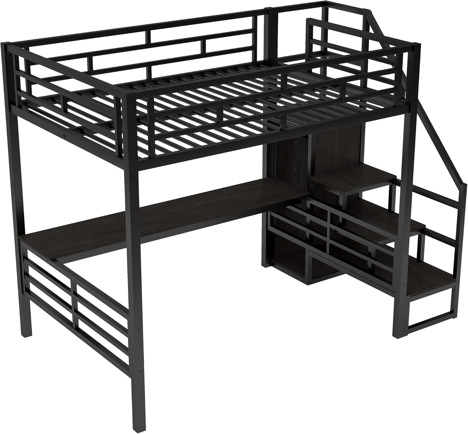 Black Full Size Metal Loft Bed with Desk and Wardrobe P72499