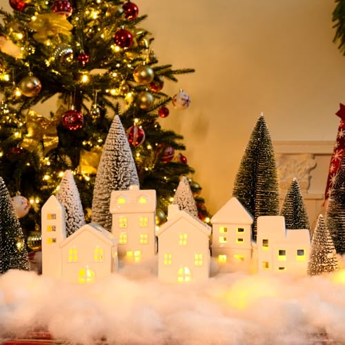 5 Pcs White Houses & 9 Pcs Trees & Fake Snow Ceramic Christmas Village Decorations H12273