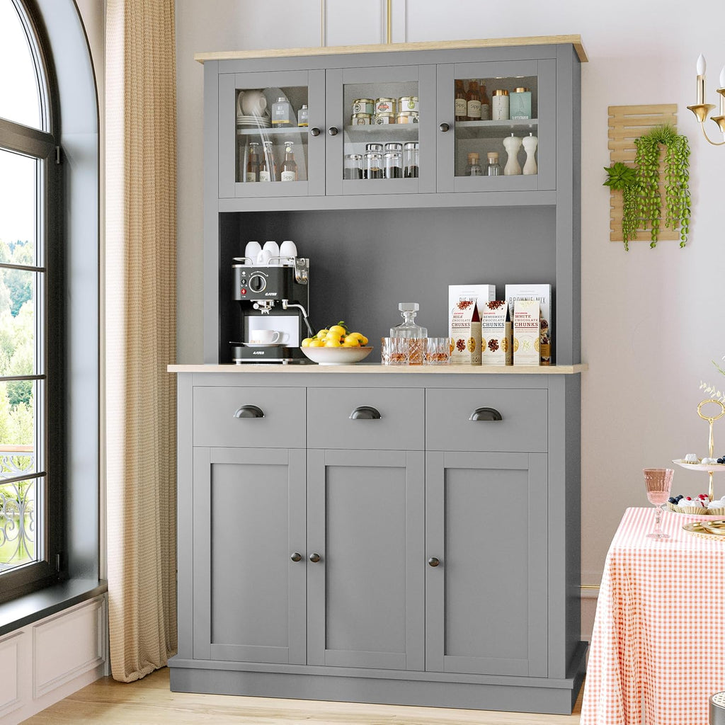 Grey Kitchen Hutch Storage Cabinet with Countertop and Drawers Q61269