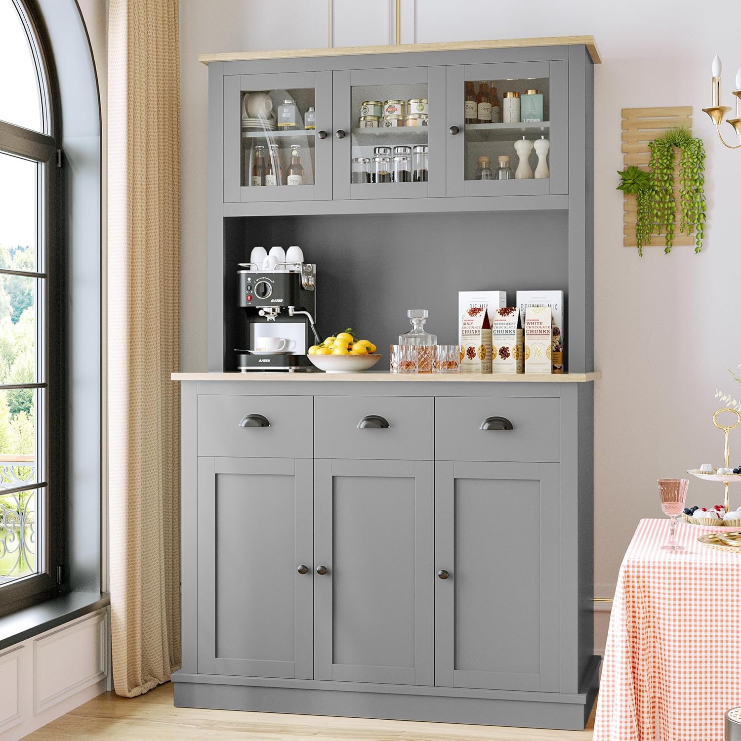 Grey Kitchen Hutch Storage Cabinet with Countertop and Drawers Q61269