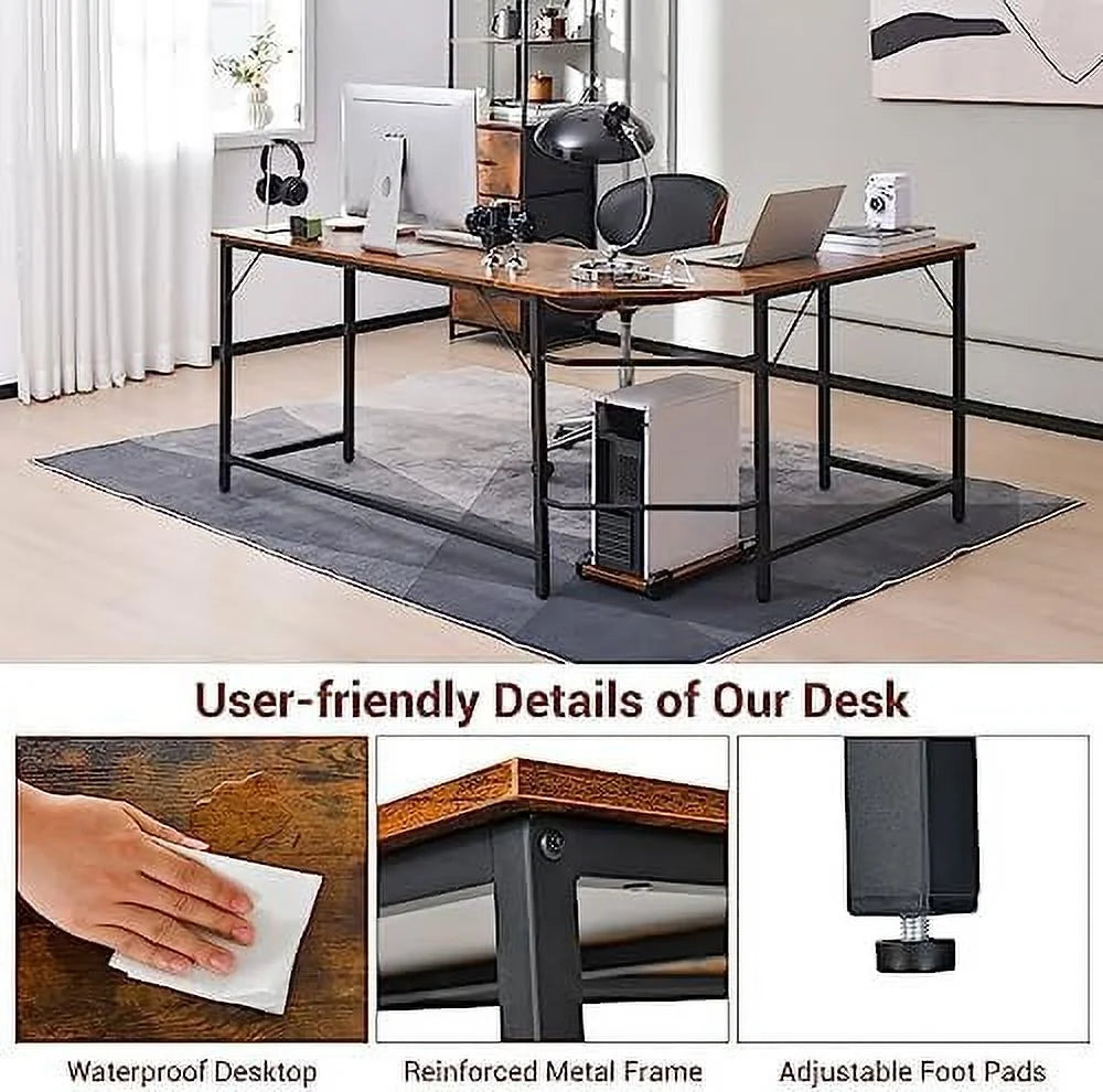 L-Shaped Desk with CPU Stand 66 Inch Wooden Metal Frame Black F7595