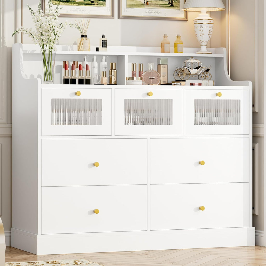 White 7 Drawer Wood Dresser with Shelves G969041