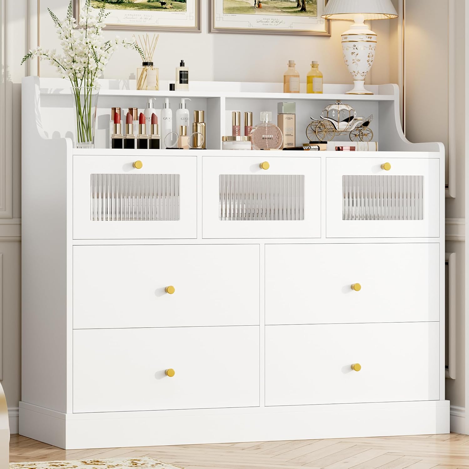 White 7 Drawer Wood Dresser with Shelves G969041