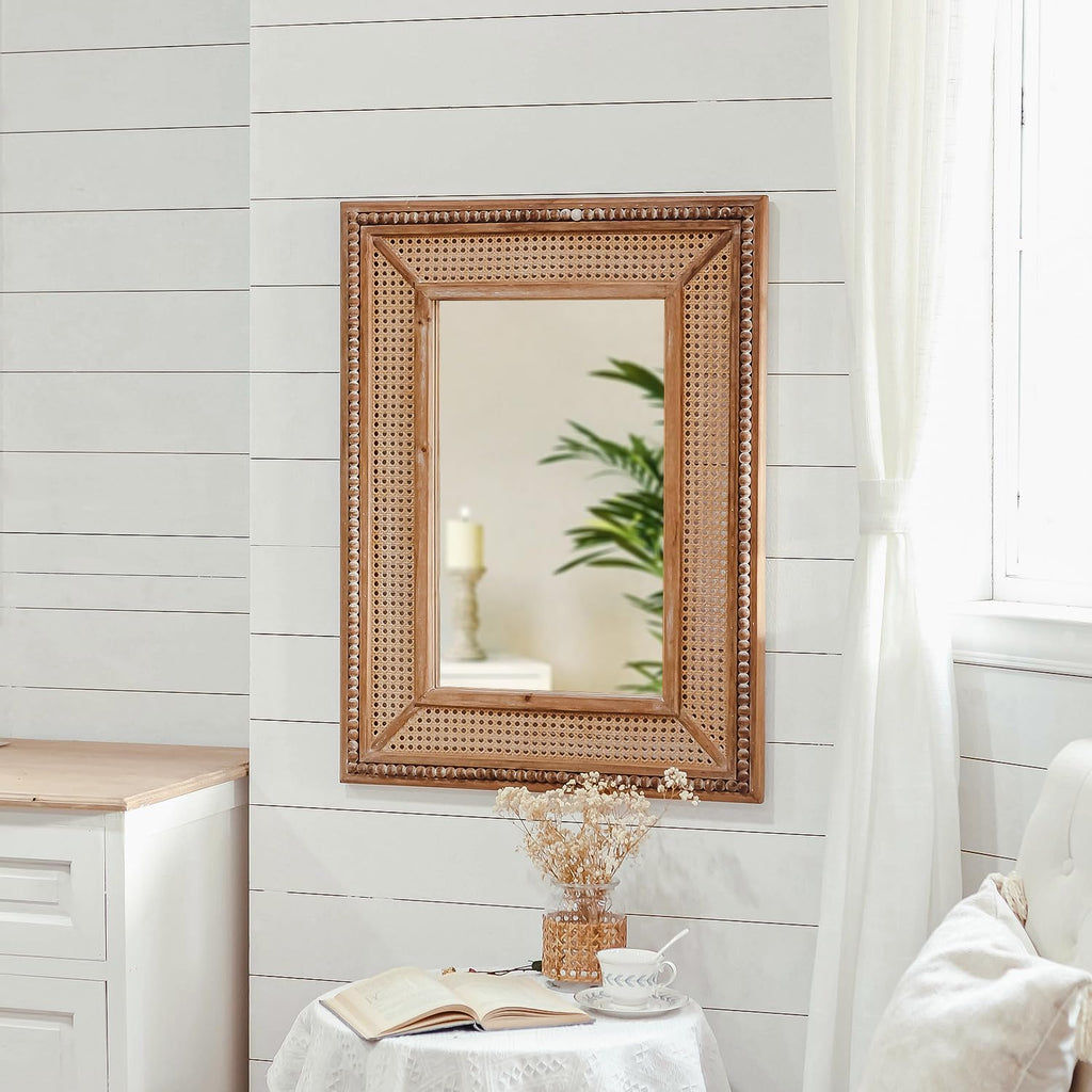 Boho Rattan Wall Mirror Wooden Framed Rectangle Mirror 24.21" x 1.18" x 32.28" N6858