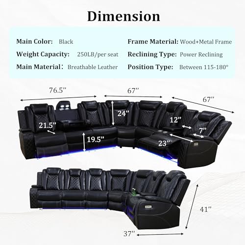 Black 6 Seat Power Reclining Sectional Sofa with LED Light K131