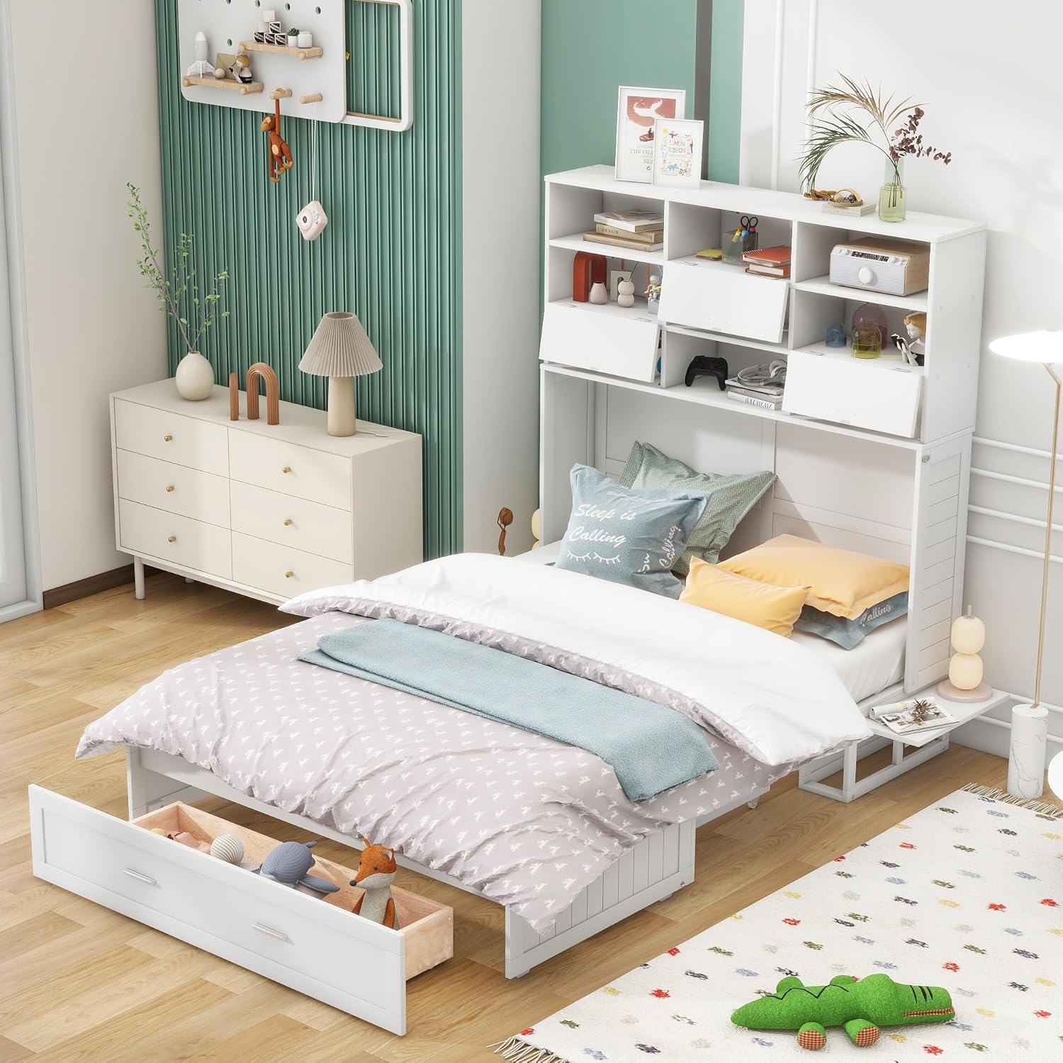 White Queen Murphy Bed Cabinet with Bookcase and Drawer G830