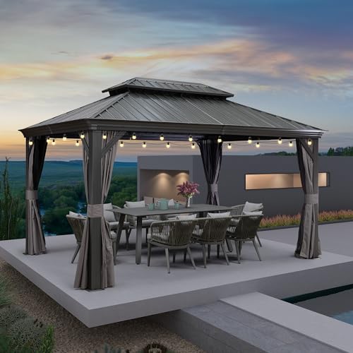 Grey Aluminum Hardtop Gazebo with Double Roof, Curtains and Netting Included L24881