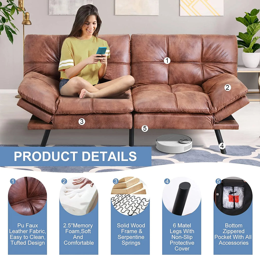 Faux Leather Memory Foam Convertible Futon Sofa Bed A1152